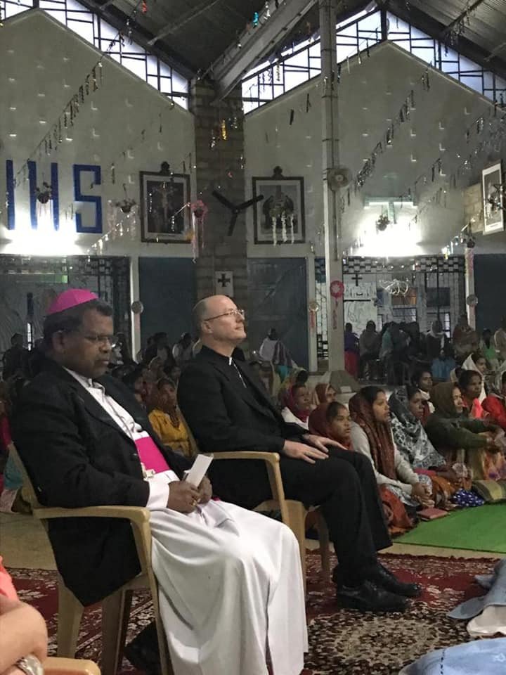 Bishop McKnight takes in the sights and sounds of the Cathedral of the Holy Rosary in Kunkuri, seat of the Diocese of Jashpur, India.